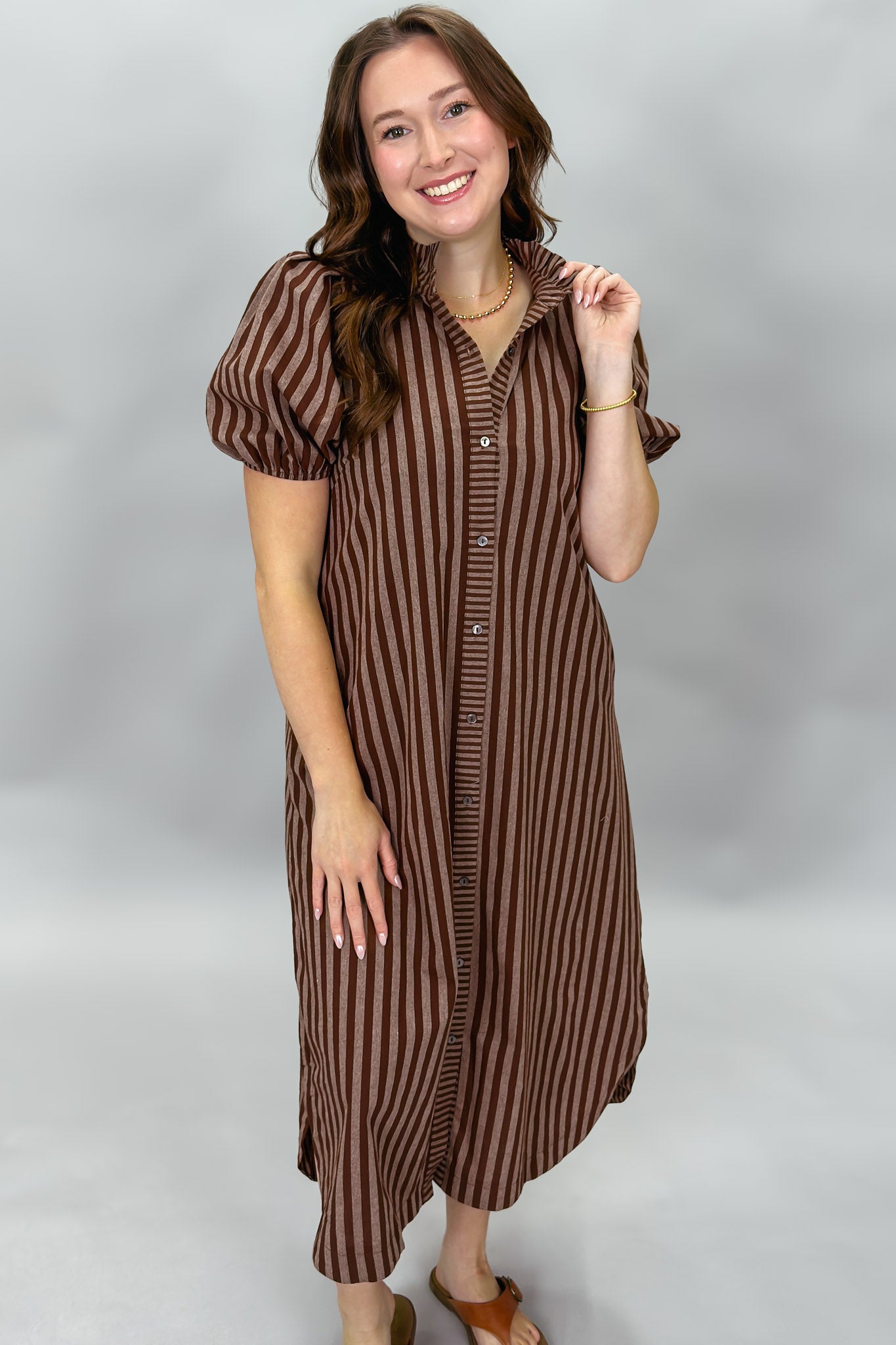 Going Up The Country Striped Puff Sleeve Midi Dress, Brown L