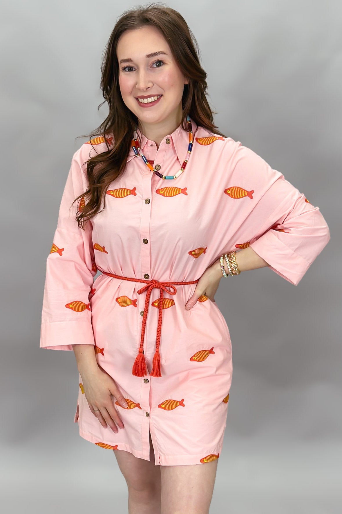 Sunshine & Summertime Embroidered Fish Mini Dress, Coral M Sunshine & Summertime Embroidered Fish Mini Dress, Coral M