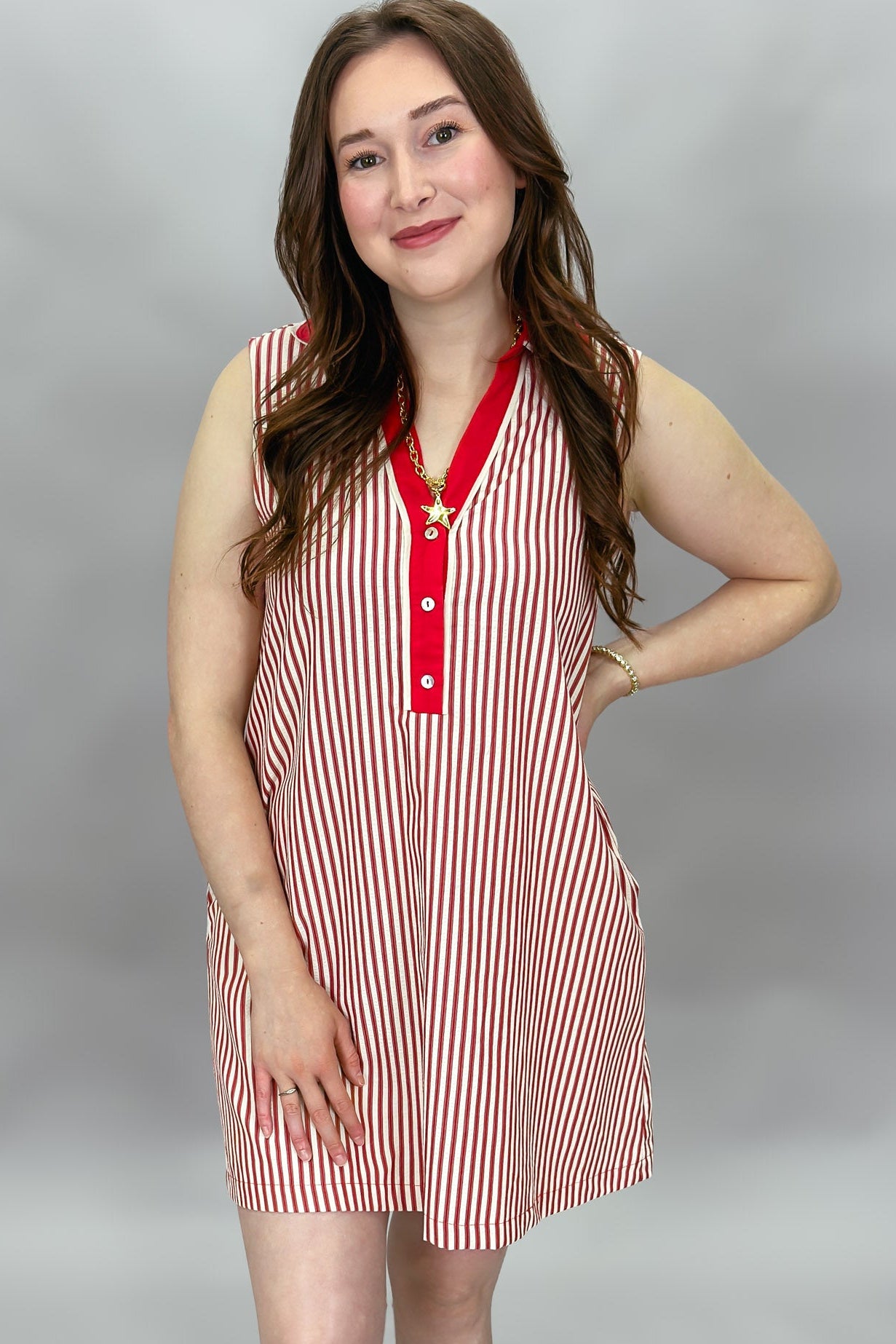 Weak-end Collard V-neck Stripe Dress, Red L Weak-end Collard V-neck Stripe Dress, Red L