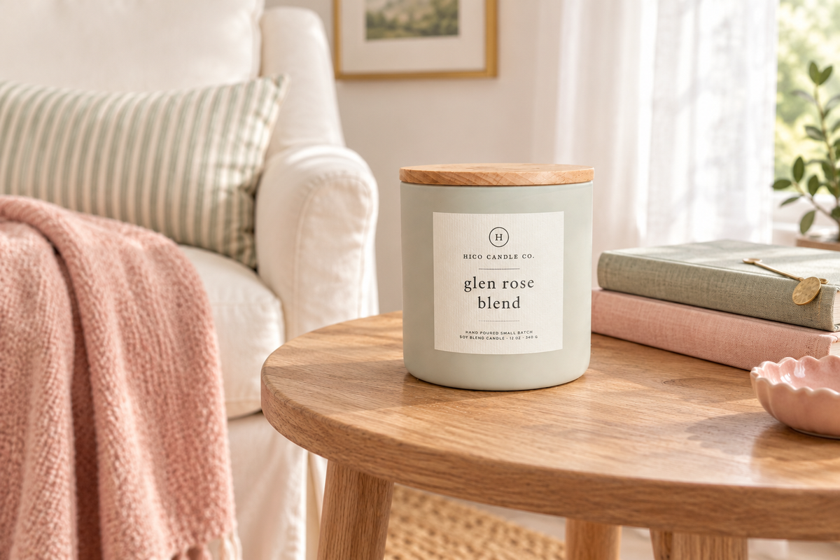 Glen Rose Blend Candle sitting on a table with the morning sunlight coming through a window