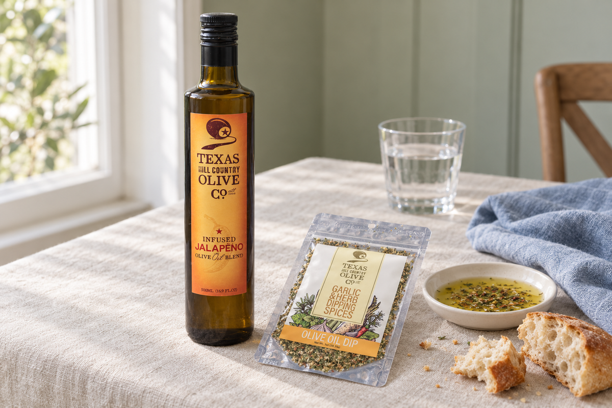 Texas Hill Country Olive Oil products sitting on a table