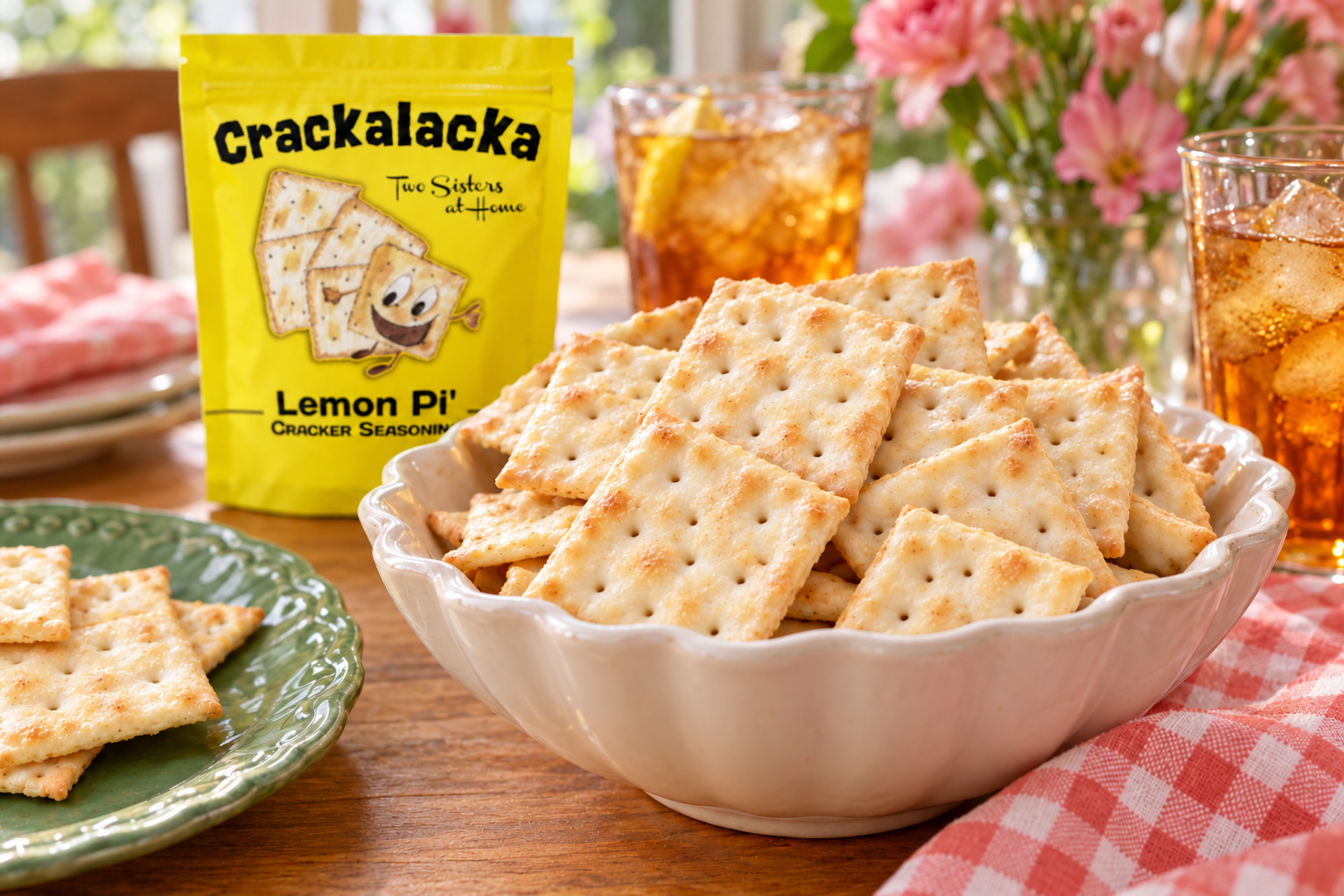 Lemon Pi crackers with a light glaze in a scalloped bowl beside the yellow Crackalacka packet; AI-styled serving scene.