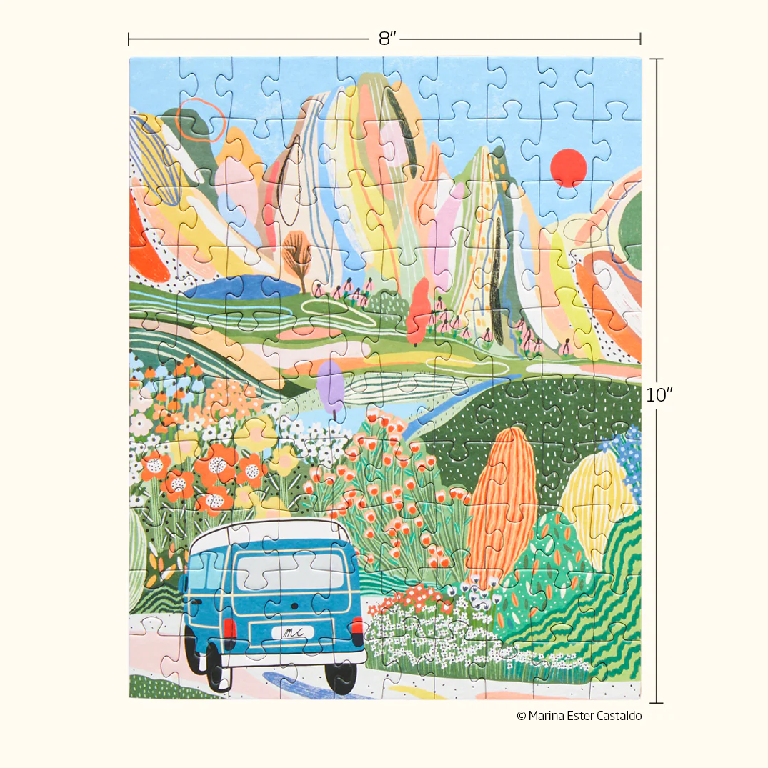 Enjoy assembling this 100-piece puzzle with a van and mountains in the background. Made from recycled materials and safe for ages 7 and up.