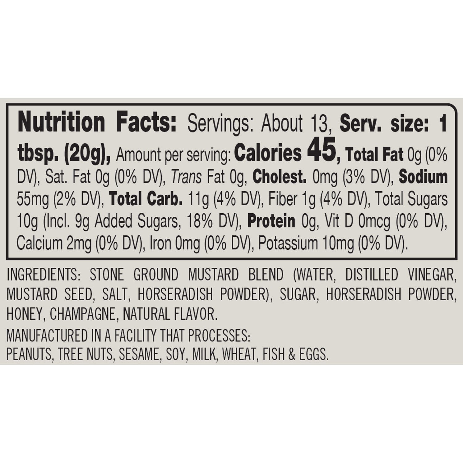 Finch + Fennel Champagne Honey Mustard — ingredients and nutrition label