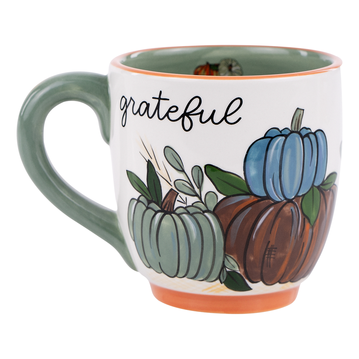 Glory Haus Grateful pumpkin mug with green handle and painted autumn pumpkins
