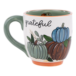 Glory Haus Grateful pumpkin mug with green handle and painted autumn pumpkins