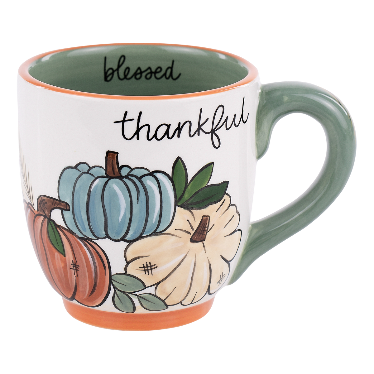 Glory Haus Thankful pumpkin mug with painted pumpkins and orange rim