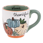Glory Haus Thankful pumpkin mug with painted pumpkins and orange rim