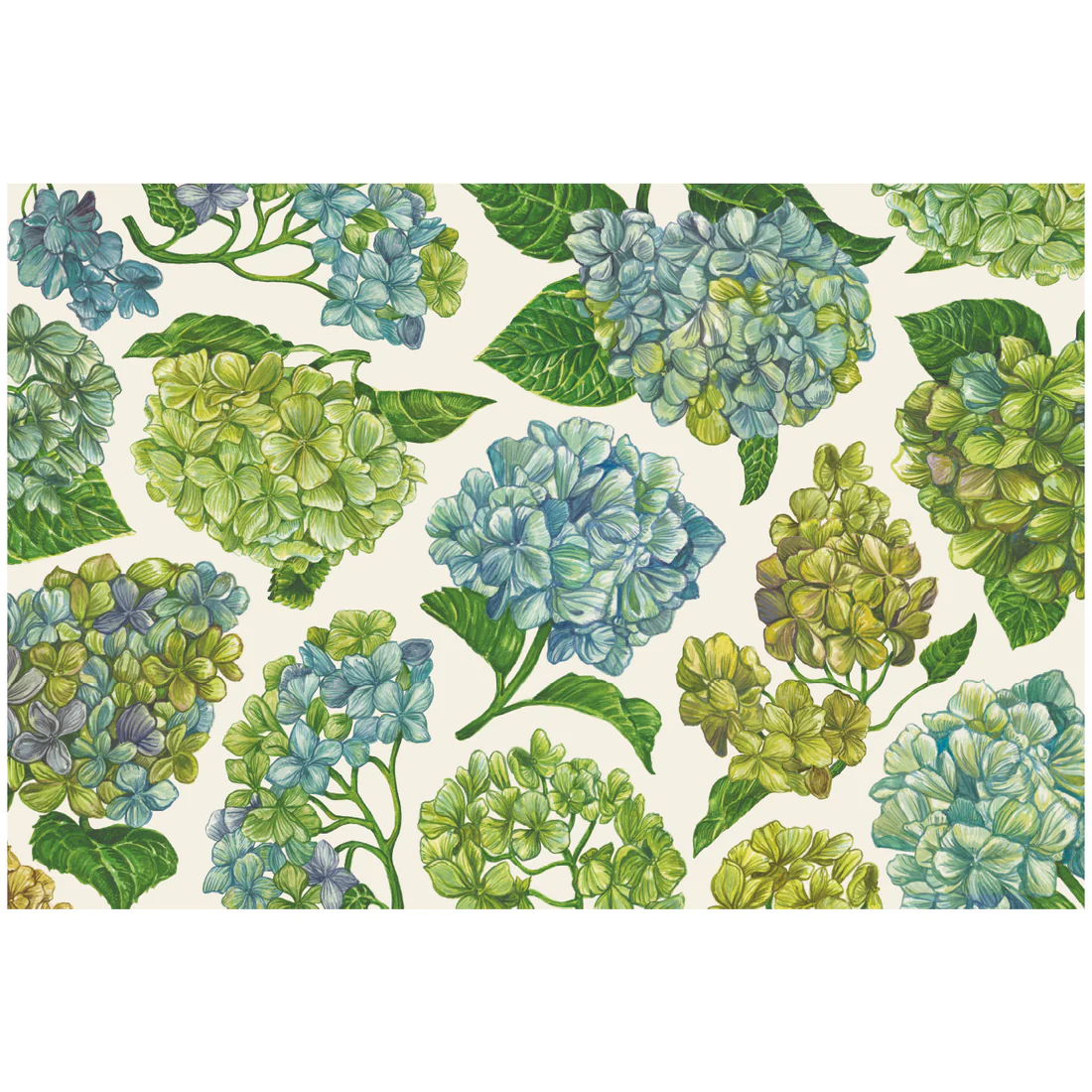 Blue and green floral pattern on Blooming Hydrangeas Placemat, adding elegance to your table settings.