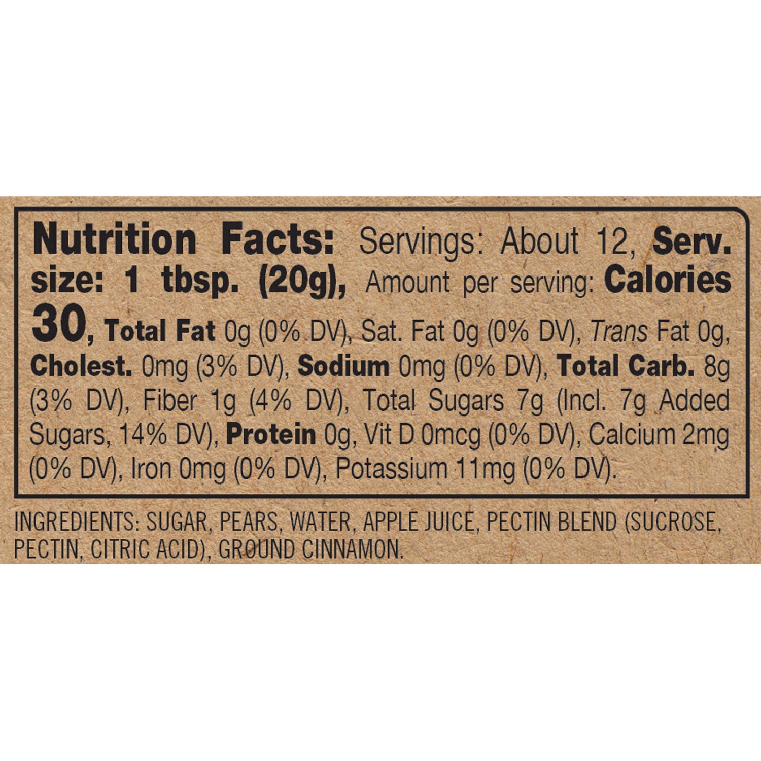 Finch + Fennel Cinnamon Pear Jam — ingredients and nutrition label