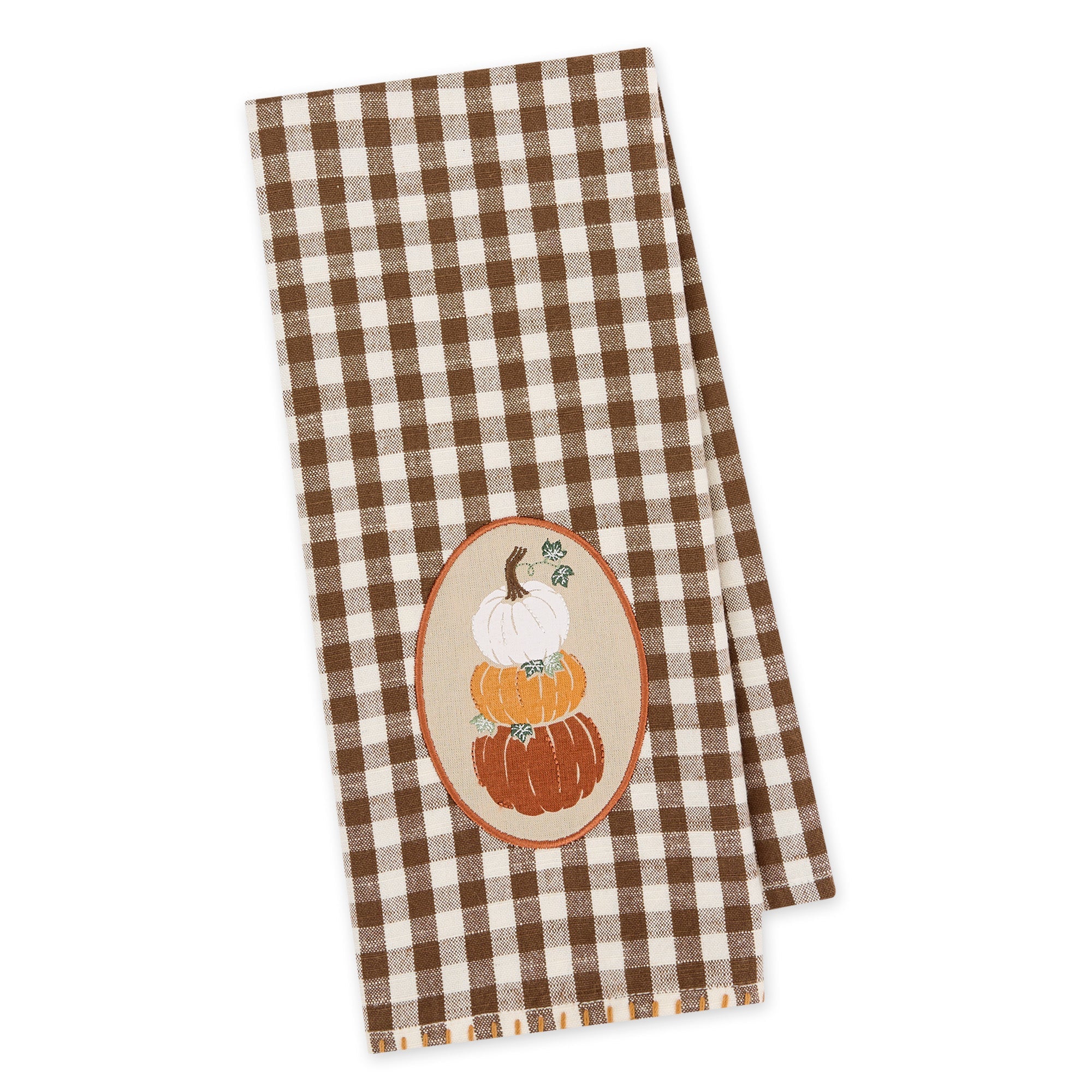 Design Imports Brown checked dishtowel with pumpkin stack embellishment
