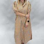 Entro A Thousand Miles button down gingham midi dress, caramel, front view