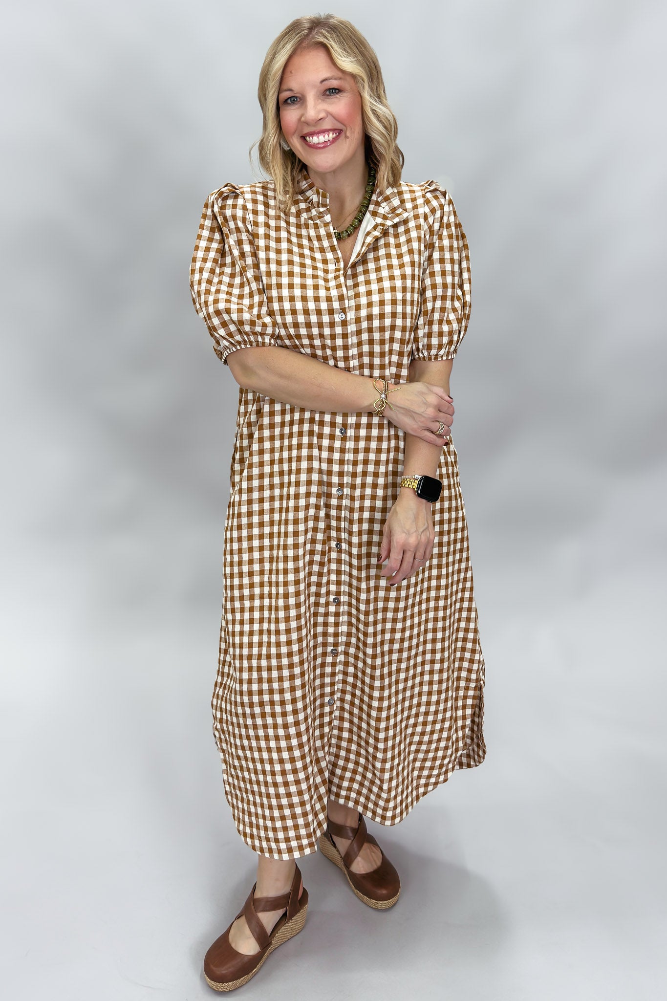 A Thousand Miles Button Down Gingham Midi Dress, Caramel