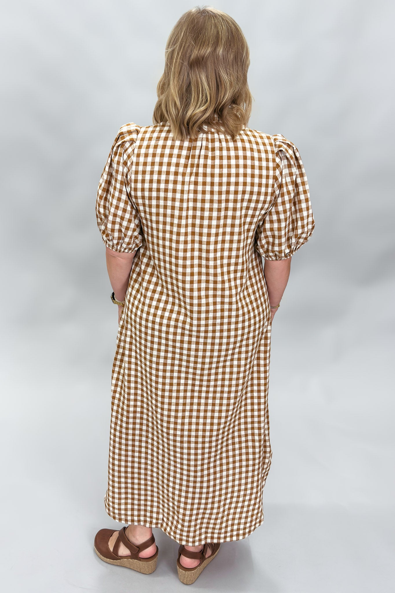 Entro A Thousand Miles button down gingham midi dress, caramel, back view