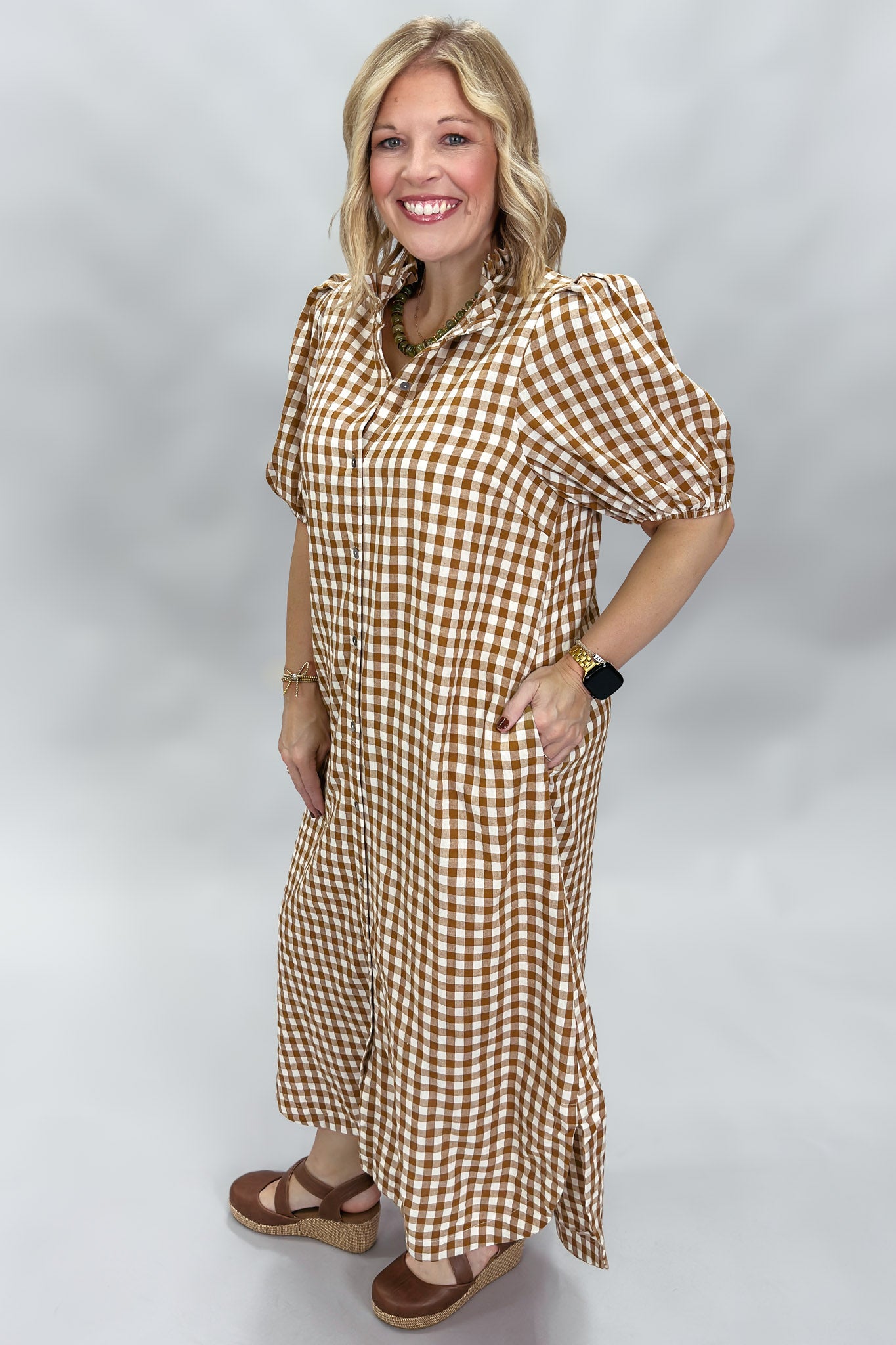 Entro A Thousand Miles button down gingham midi dress, caramel, side view