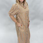 Entro A Thousand Miles button down gingham midi dress, caramel, close-up view