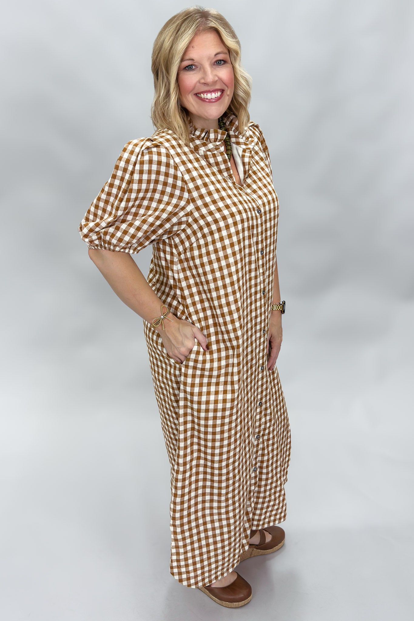 Entro A Thousand Miles button down gingham midi dress, caramel, close-up view