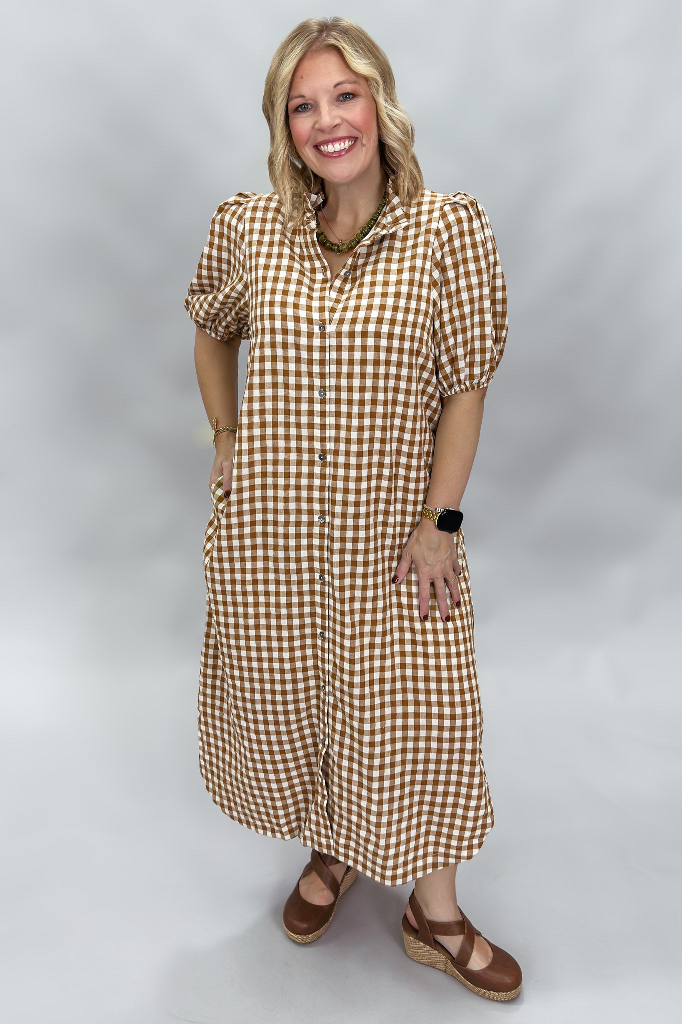 Entro A Thousand Miles button down gingham midi dress, caramel, gingham print detail
