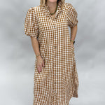 Entro A Thousand Miles button down gingham midi dress, caramel, styled view
