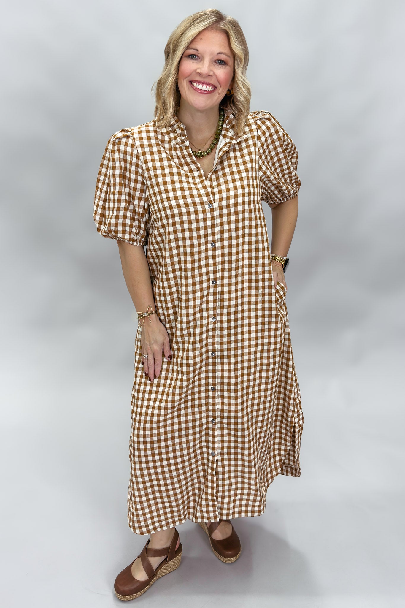 A Thousand Miles Button Down Gingham Midi Dress, Caramel