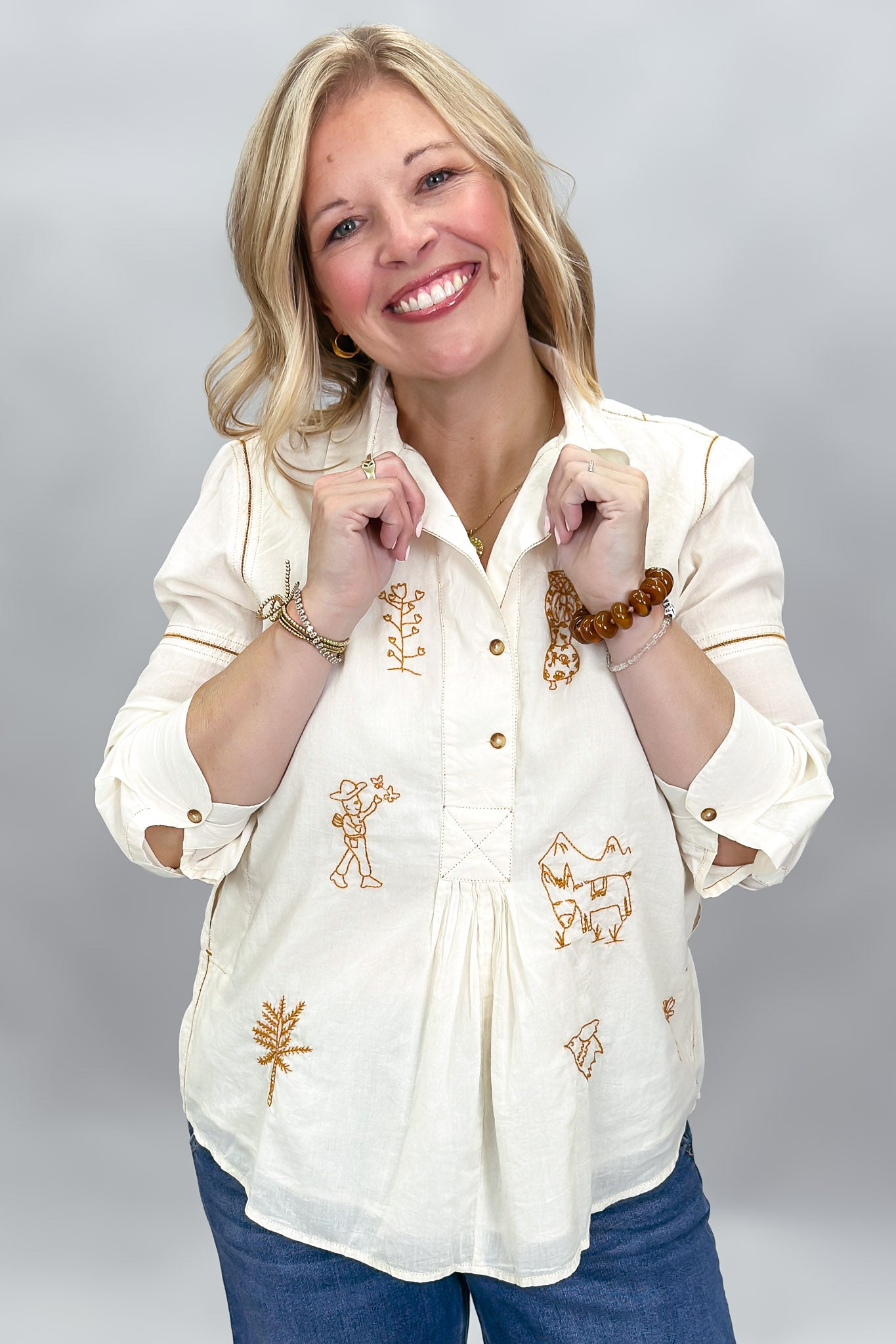 Ivy Jane Embroidered Milagro Long Sleeve Top, Ivory