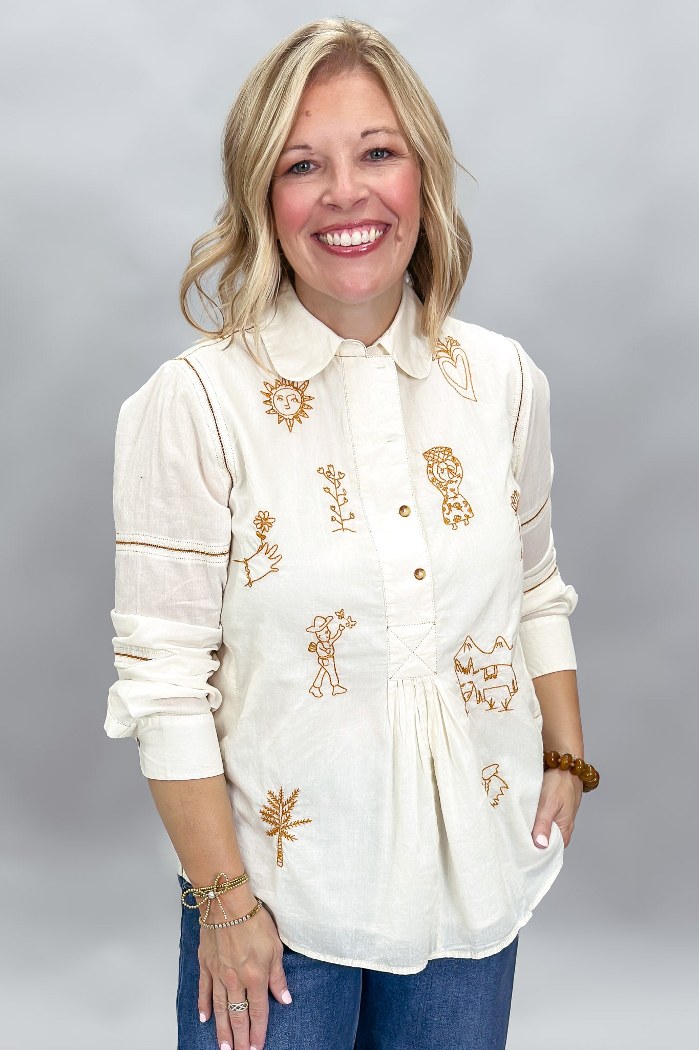 Ivy Jane Embroidered Milagro Long Sleeve Top, Ivory