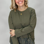 Entro Along For The Ride army green long sleeve top with layered lace hem