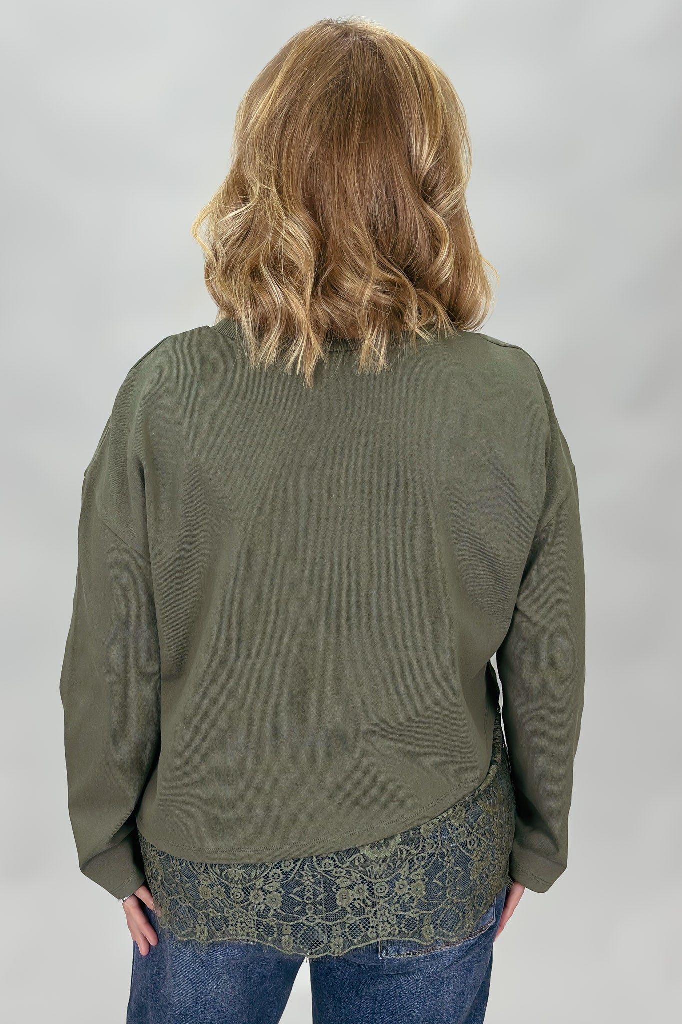 Along For The Ride army green long sleeve lace hem top by Entro
