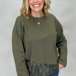 Army green crew neck long sleeve top with feminine layered lace hem