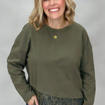 Entro army green crew neck top with long sleeves and lace hem detail