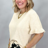 Arm's Length Ruffle Hem Short-sleeve Sweater, Cream