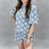 At Last Floral Embroidered Scallop Trim Set, Blue