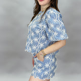 At Last Floral Embroidered Scallop Trim Set, Blue