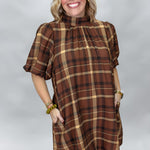 ENTRO Back Bow Tie Collar Plaid Midi Dress, Brown
