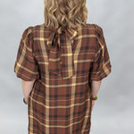 ENTRO Back Bow Tie Collar Plaid Midi Dress, Brown, alternate product view