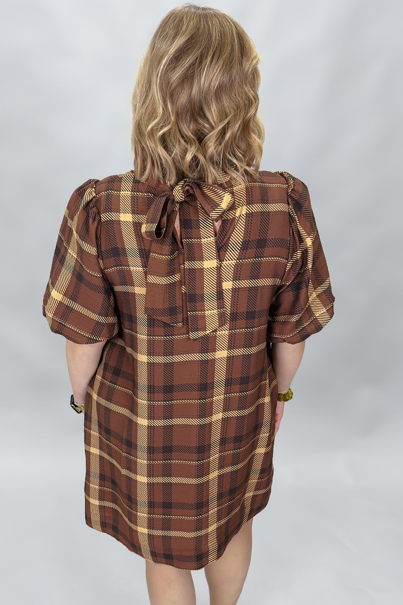 ENTRO Back Bow Tie Collar Plaid Midi Dress, Brown, alternate product view