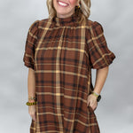 ENTRO Back Bow Tie Collar Plaid Midi Dress, Brown, alternate product view