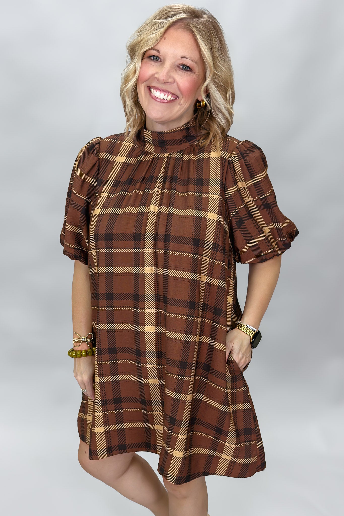 ENTRO Back Bow Tie Collar Plaid Midi Dress, Brown, alternate product view