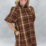 ENTRO Back Bow Tie Collar Plaid Midi Dress, Brown, alternate product view