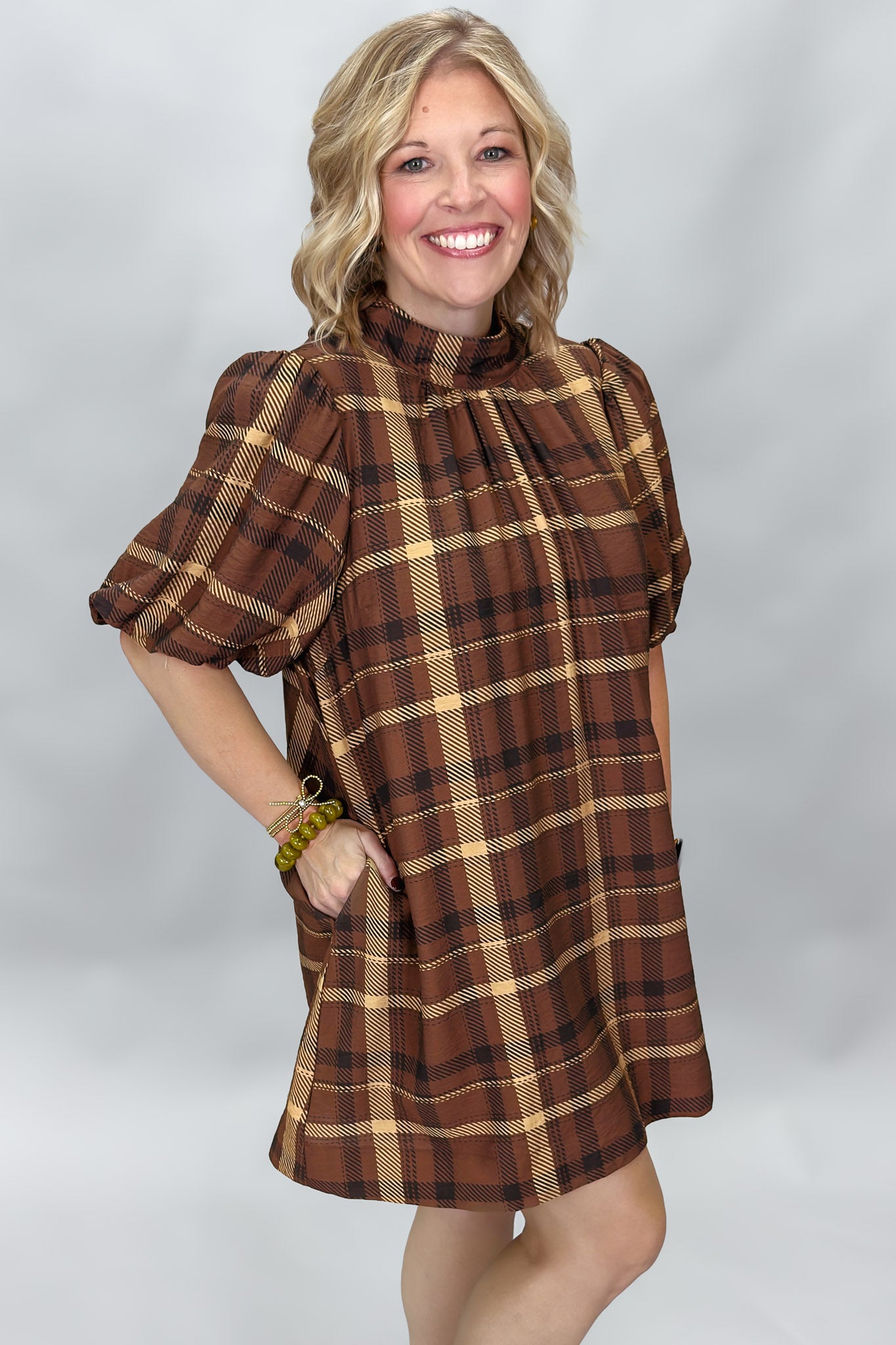 ENTRO Back Bow Tie Collar Plaid Midi Dress, Brown, alternate product view