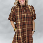 ENTRO Back Bow Tie Collar Plaid Midi Dress, Brown, alternate product view