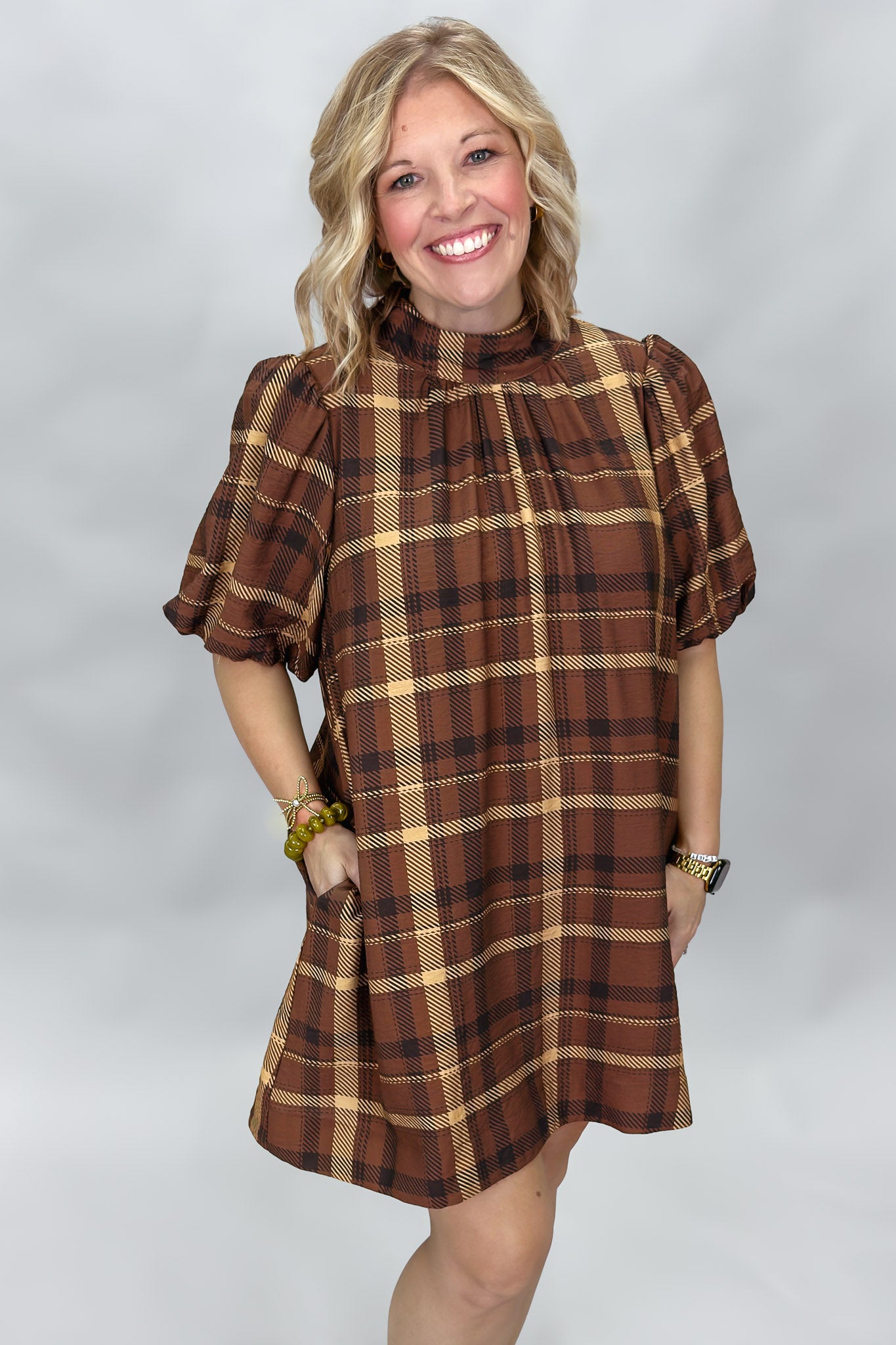ENTRO Back Bow Tie Collar Plaid Midi Dress, Brown, alternate product view