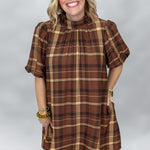 ENTRO Back Bow Tie Collar Plaid Midi Dress, Brown, alternate product view