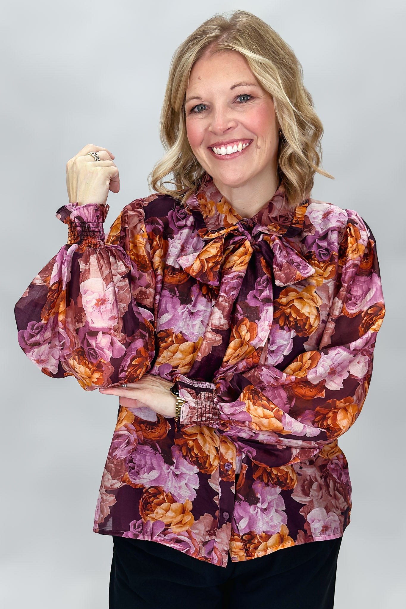 Been By Now Floral Ruffled Collar Long Sleeve Blouse, Purple
