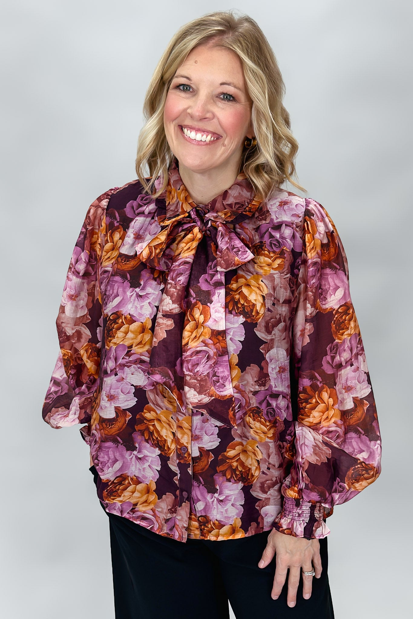 Been By Now Floral Ruffled Collar Long Sleeve Blouse, Purple