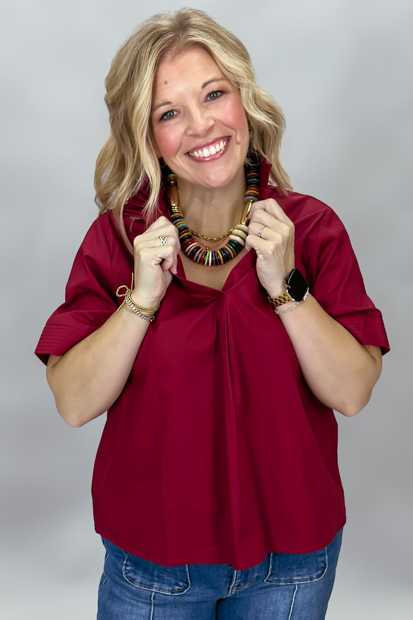 Entro Big Sun wine pleated V-neck blouse, front view