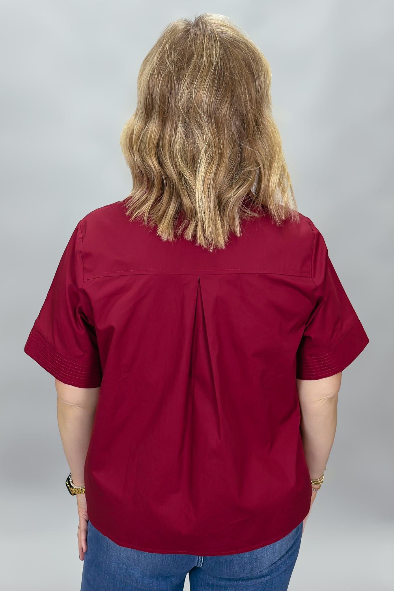 Entro Big Sun wine pleated V-neck blouse, back view