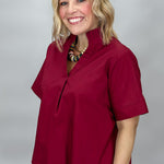 Entro Big Sun wine pleated V-neck blouse, side view