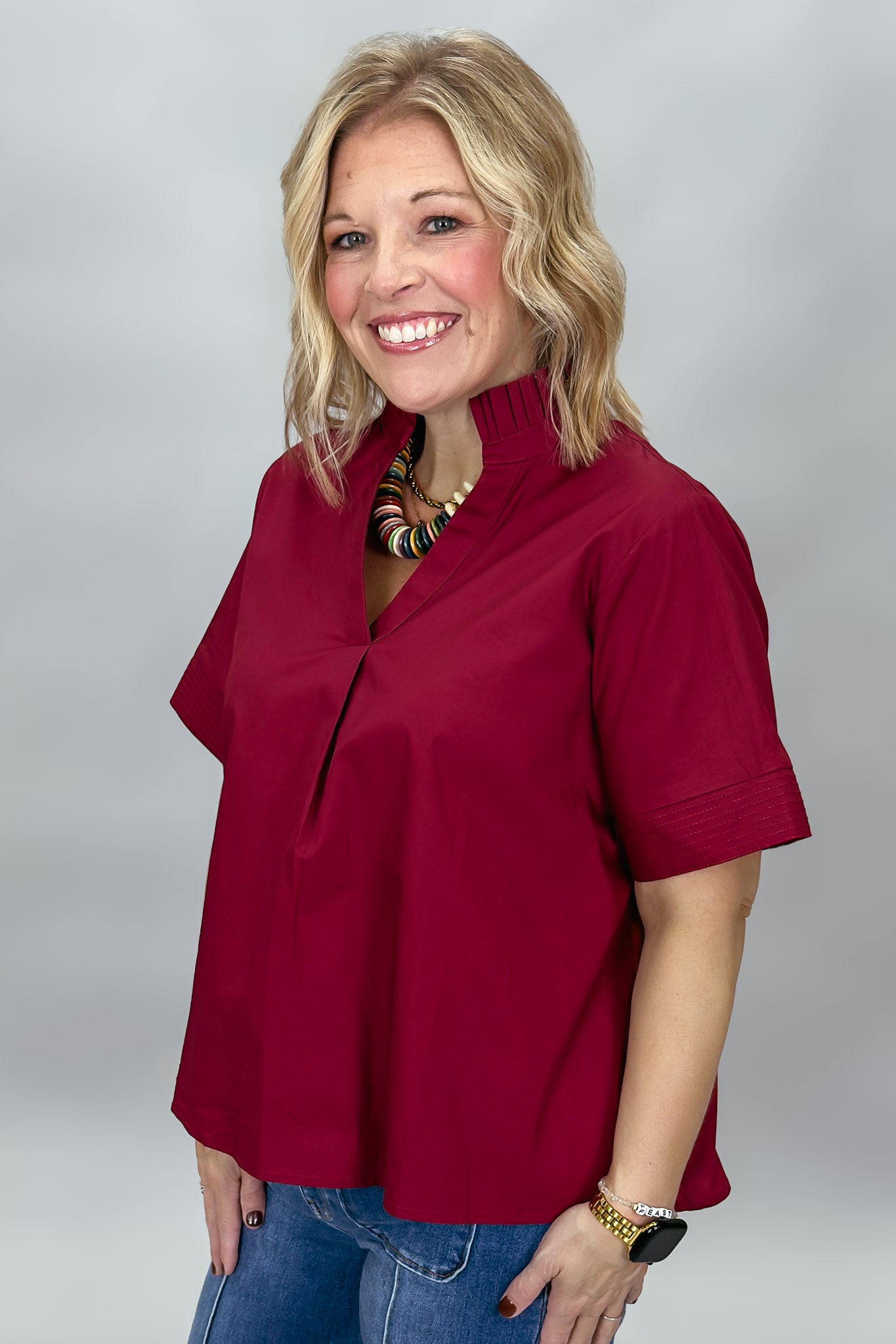 Entro Big Sun wine pleated V-neck blouse, side view