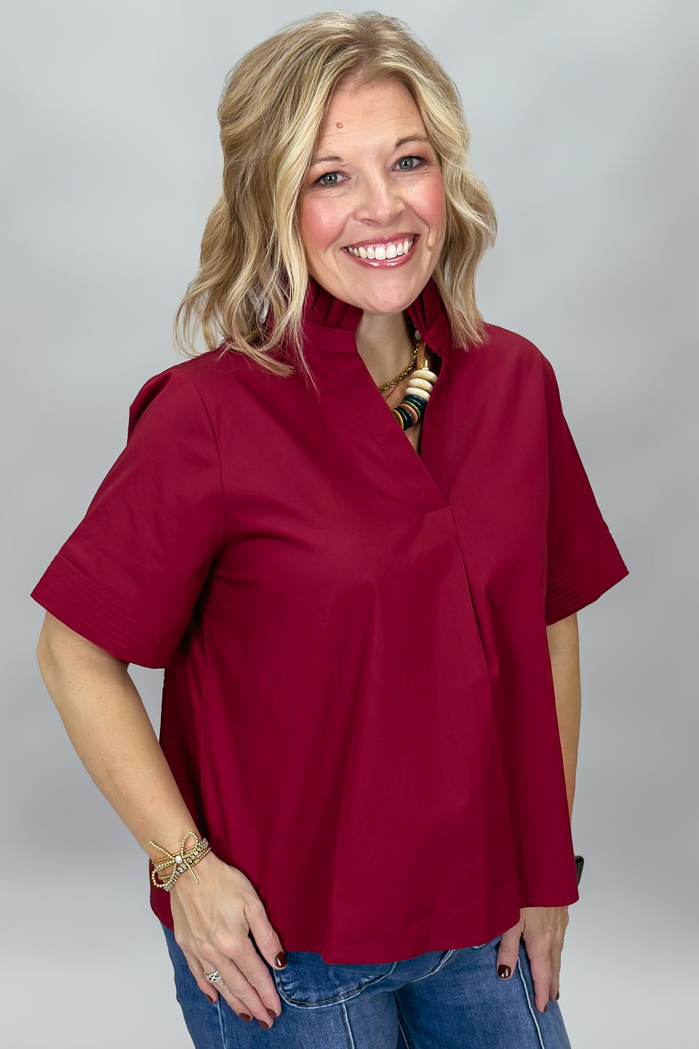 Entro Big Sun blouse, pleated ruffle collar detail